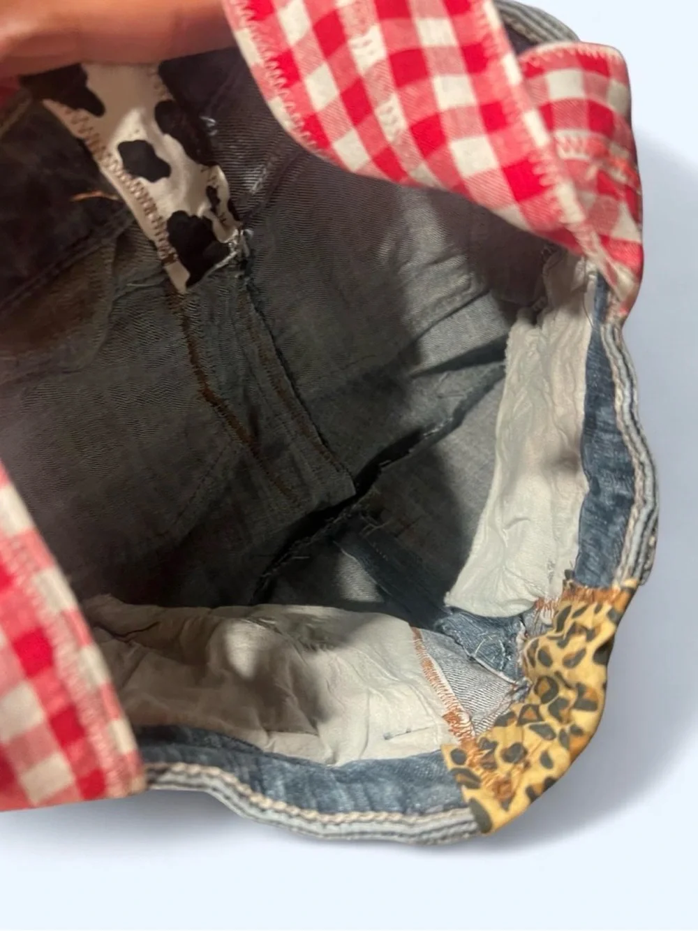 Source Unknown Denim Tote with Leopard Center and Red Gingham Strap